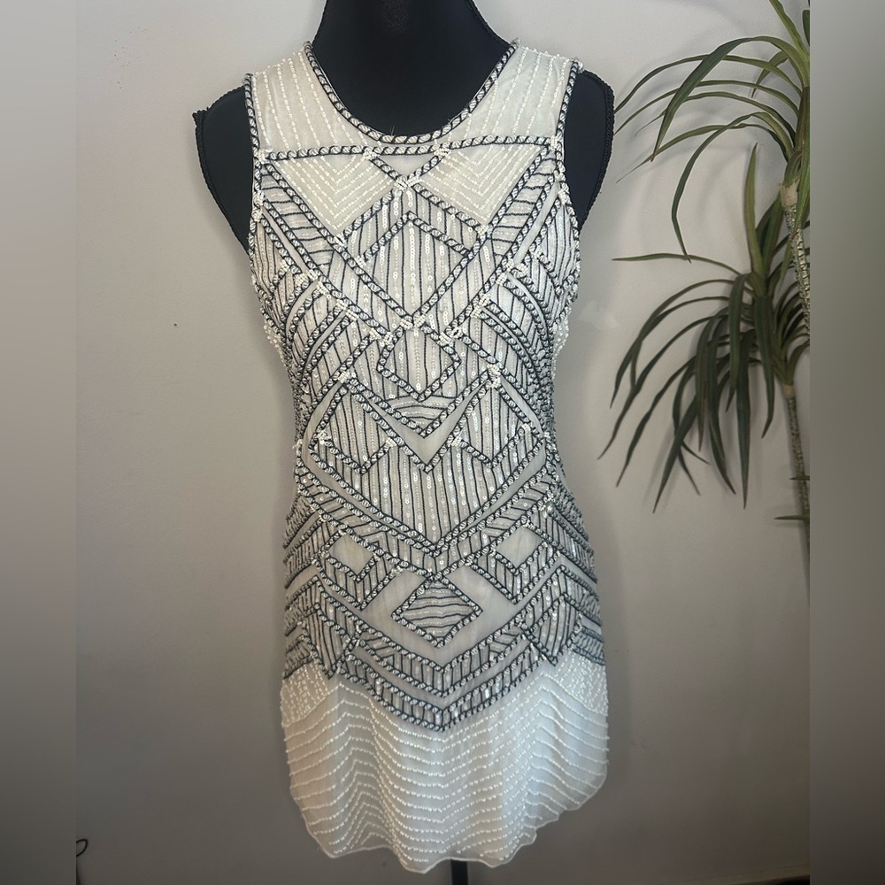 PARKER White & Navy beaded silk beaded mini dress XS